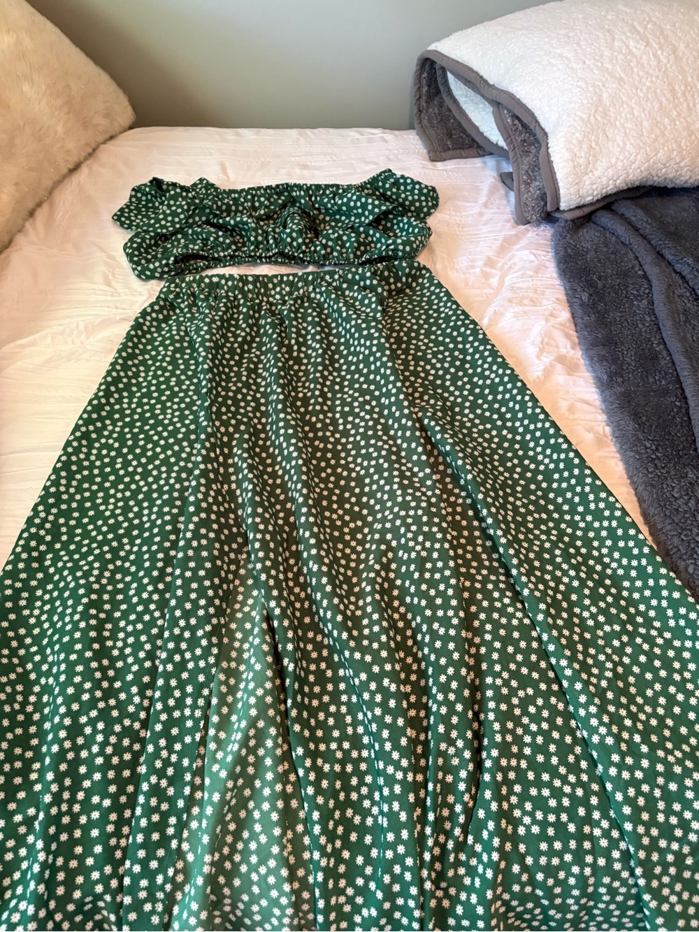 Green Floral Two Piece Maxi Dress with Ruffle Top